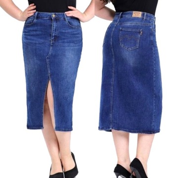 SPÓDNICA JEANSOWA WYSZCZUPLAJĄCA ELASTYCZNA MODNA WYGODNA LOGOWANA MIDI