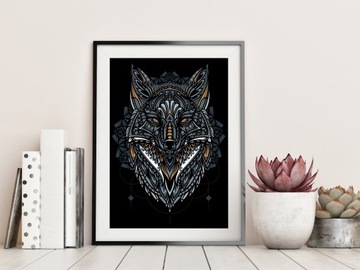 Современный графический постер А3 с волком в стиле бохо