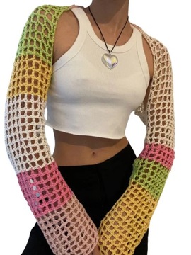 Women Mesh Shrug Long Sleeve Crochet Contrast Colo
