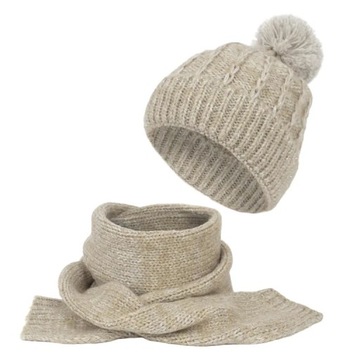 W475A Beżowy komplet zimowy damski czapka i szalik