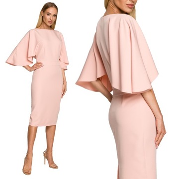 SUKIENKA ELEGANCKA KOBIECA NA WESELE MIDI KIMONOWE RĘKAWY PUDROWA 44 XXL
