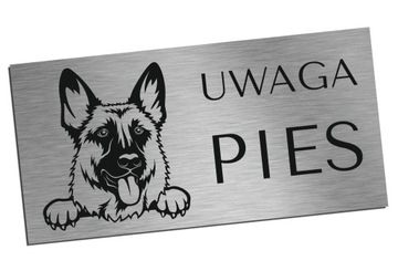 Tabliczka Uwaga Pies Owczarek 12x24cm srebrna