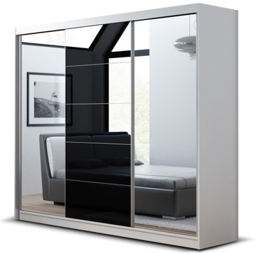 SZAFA PRZESUWNA GARDEROBA ARA 210 CM 3D1L BIAŁA - LACOBEL CZARNY - LUSTRO