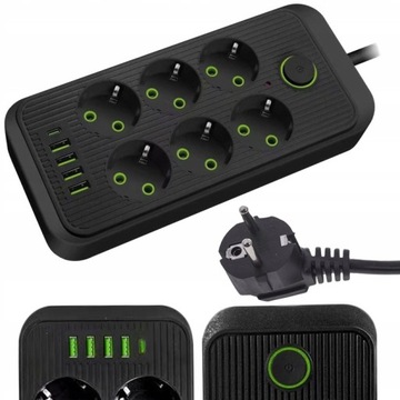 PRZEDŁUŻACZ listwa 2m 6 gniazda 4x USB 1x USB-C