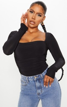 PRETTYLITTLETHING CZARNE BODY Z DŁUGIM RĘKAWEM Z MARSZCZENIAMI R.44 C552103