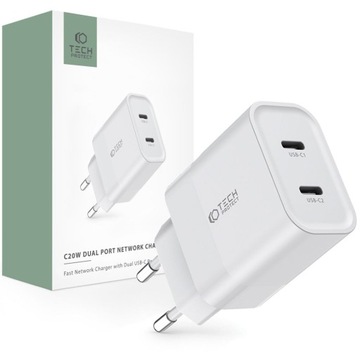 Ładowarka sieciowa Tech-Protect C20W Network Charger 2xUSB-C, PD, 20W White