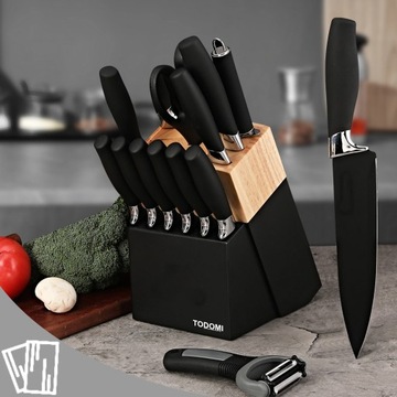 NOŻE KUCHENNE ZESTAW KOMPLET NOŻY W BLOKU STOJAK 15 EL. OBIERACZKA NOŻYCZKI