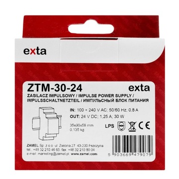 ИМПУЛЬНЫЙ ИСТОЧНИК ПИТАНИЯ, МОНТАЖНЫЙ НА ДИН-РЕЙКУ TH-35, 30ВТ 24В DC ZTM-30/24