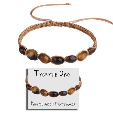 BRANSOLETKA DAMSKA MAKRAMA KAMIEŃ TYGRYSIE OKO AMULET POMYŚLNOŚCI