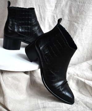 Buty sztyblety czarna skóra tłoczona Premium jakość duńskie BIANCO jak nowe