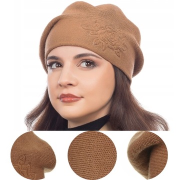 KARMELOWY BERET KLASYCZNY DAMSKI ELEGANCKI ZIMOWY PRODUKT POLSKI MAJKA