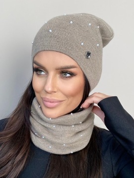 KOMPLET DAMSKI CZAPKA BEANIE KOMIN GOLF TUBA ZESTAW CIEPŁY ELEGANCKI KOLOR