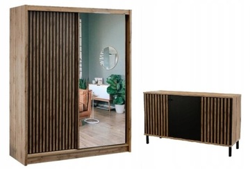 Szafa przesuwna LONDON 203cm + Komoda 150cm z LAMELAMI DĄB WOTAN/ CZARNY