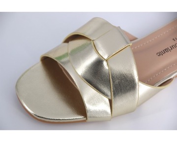 ZŁOTE LETNIE KLAPKI DAMSKIE EKO SKÓRA BUTY NISKI OBCAS WYGODNE 40