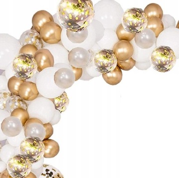 BALONY BIAŁE ZŁOTE konfetti GIRLANDA z taśmą ŁUK