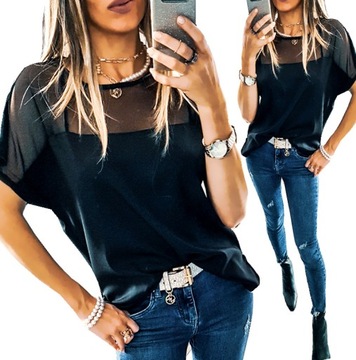 . BLUZKA TIULOWA Z SIATECZKĄ LUŹNA ELEGANCKA M