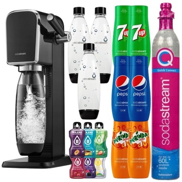 SODA STREAM ART SATURATOR CZARNY MEGA ZESTAW Z SYROPAMI + TRZY BUTELKI