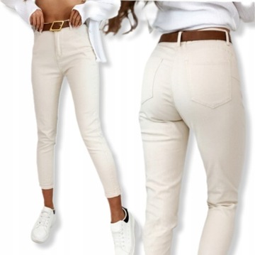 ELEGANCKIE SPODNIE JEANSOWE MOM FIT BOYFRIEND JASNE ECRU Z PASKIEM ROZMIARY