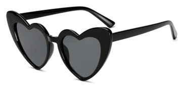 Okulary damskie przeciwsłoneczne duże kocie serca serduszka modne czarne