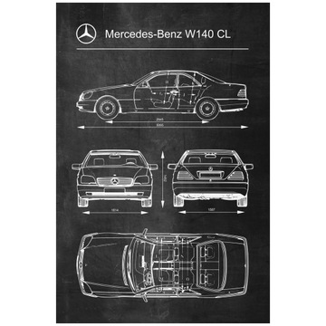 Plakat Mercedes-Benz W140 CL Retro Schemat A1+