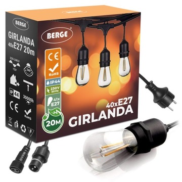 Girlanda ogrodowa świetlna 20m+41x Żarówka Led 1W