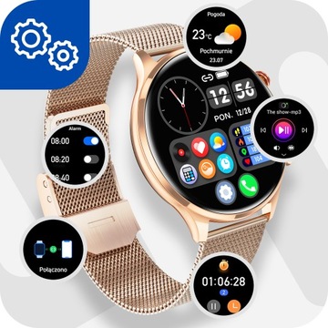 SMARTWATCH ZEGAREK DAMSKI ZŁOTY ROZMOWY CIŚNIENIE PULS SMS Z POLSKIM MENU