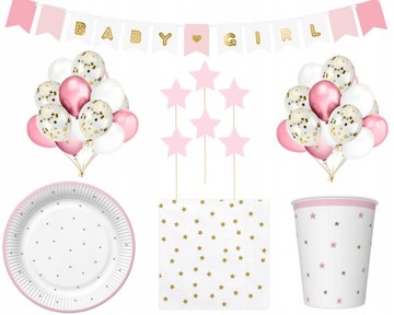 ZESTAW BABY SHOWER GIRL KUBKI TALERZYKI BALONY