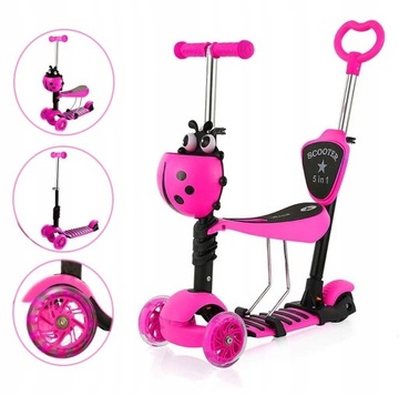 Трёхколесный балансировочный самокат BIEDRONKA 5в1 LED РОЗОВЫЙ