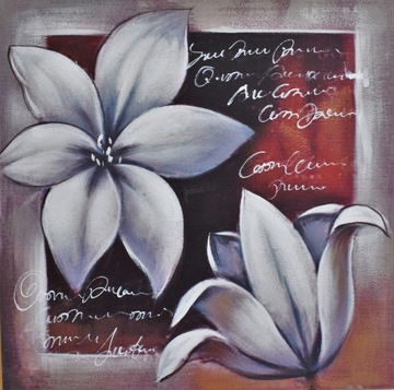 OBRAZ SZARE KWIATY NAPISY RĘCZNIE MALOWANY 60x60CM