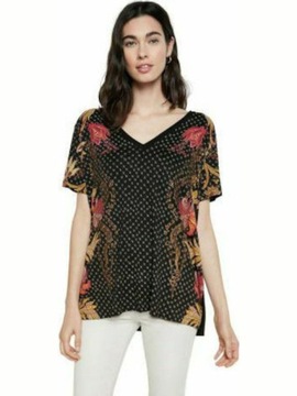 DESIGUAL CZARNY T-SHIRT V NECK WZORY (XS)