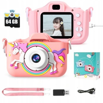 APARAT CYFROWYDLA DZIECI PODWÓJNY Z SELFIE FULL HD JEDNOROŻEC KARTA 64GB
