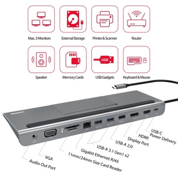 Stacja dokująca Unitek Podstawka 11w1 USB TypC 85W PD HDMI DP VGA RJ45 SD
