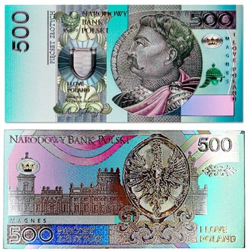 MAGNES 500 ZŁ NA LODÓWKĘ PAMIĄTKA POLSKI ZŁOTY PLN BANKNOT PIENIĄDZE KASA