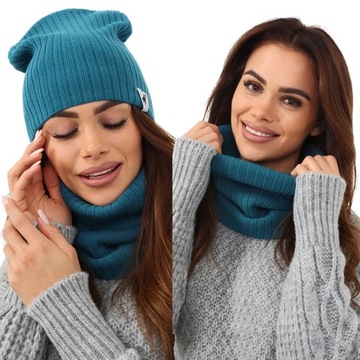 KOMPLET DAMSKI CZAPKA BEANIE KOMIN GOLF TUBA DUŻY ZESTAW TURKUSOWY 2204