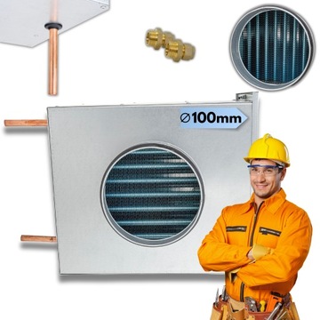 NAGRZEWNICA WODNA KANAŁOWA Ø 100 mm Rekuperacja + Łączniki + Wężyki Blacha