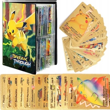 55Szt Pokemon Folia Złota kart Różne+Pikachu Album