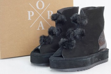 POPA MONTBLANC czarne skórzane botki peep toe pompony odkryta pięta r. 40