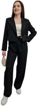 Современный ЖЕНСКИЙ КОСТЮМ, черный, короткая куртка и широкие брюки, размер М