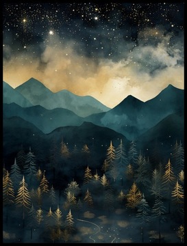 Plakat na Ścianę Obraz Krajobraz Góry Złota Noc 70x100 cm Premium ElliveX