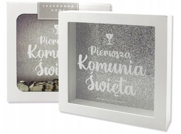 SKARBONKA DREWNIANA Z SZYBKĄ PREZENT NA I KOMUNIĘ ŚWIĘTĄ PAMIĄTKA