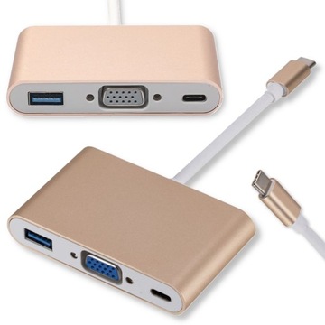 HUB USB 3.1 typ C na USB 3.0 / VGA / USB-C Złoty Gold adapter konwerter