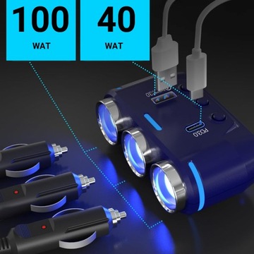 Splitter Branch 3 Sockets USB LIGHER FAST Зарядное устройство QC PD