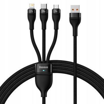 BASEUS FLASH SERIES II MOCNY KABEL 3W1 USB C/IPHONE/MICRO 100W 1,2M BLACK