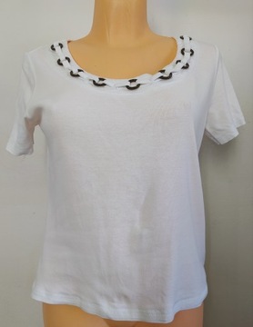 L/XL 42/44 biała bluzka damska t-shirt bawełna styl marynarski krótki rękaw