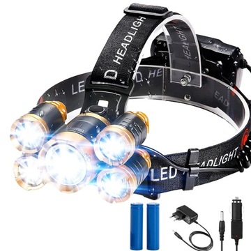 LATARKA CZOŁOWA 5x LED CZOŁÓWKA XM-L T6 CREE NA GŁOWĘ MOCNA