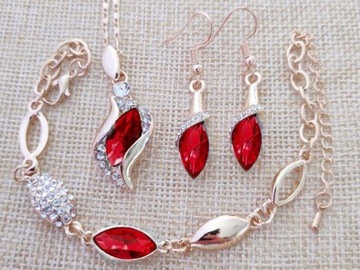 Pozłacany komplet biżuterii łezki czerwone prezent modny zestaw dla niej