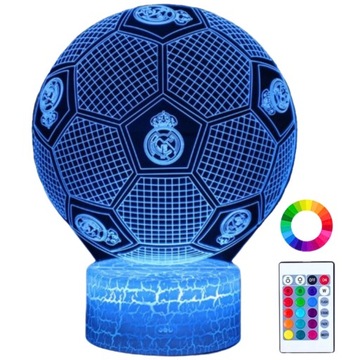 Lampka Nocna Biurkowa dla Dzieci Real Madryt Piłka Nożna 16 LED 3D + Pilot