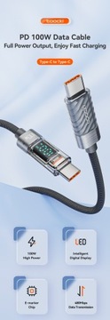 Kabel Toocki USB C -USB typ C 2 metry 66W Wyświetlacz LED Mocny Oplot Szary