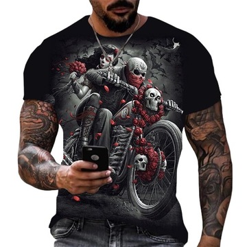 T-SHIRT MĘSKI NADRUK 3D SZKIELETY NA MOTOCYKLU L