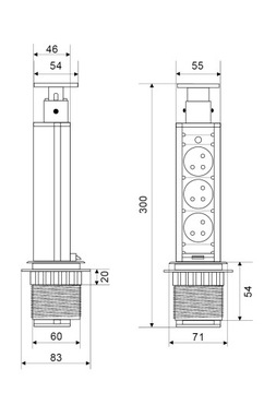 Утопленная портовая розетка, спрятанная в столешнице fi60 INOX.
